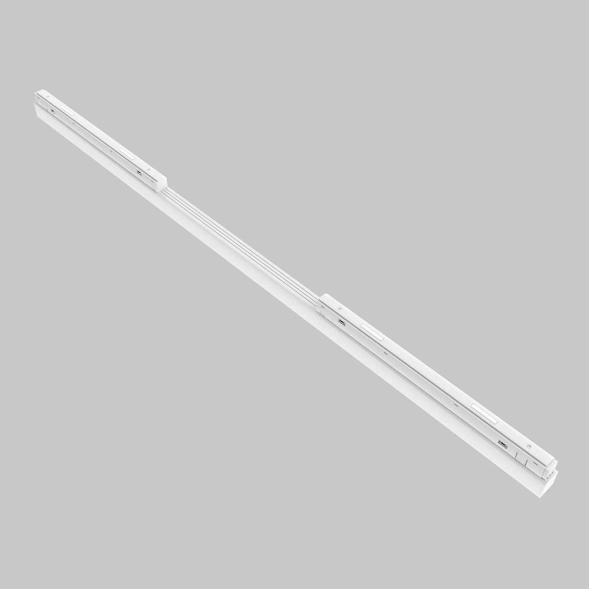 A long, white telescopic rail is set diagonally against a gray background, similar to the sleek Basis DALI CCT LED Dimmable Linear Track Light for Magnetic Exility (30W 2700-6000K - White), suggesting furniture use like drawers with functional customizable lighting.