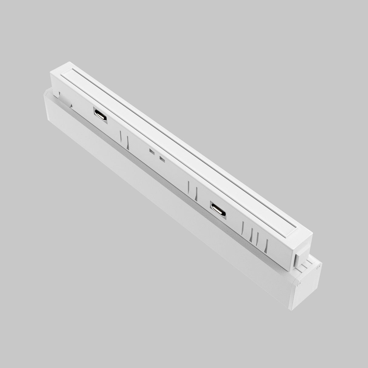 A white, rectangular power strip with two USB ports and multiple outlets can be mounted on surfaces. Its minimalist design echoes the sleekness of the Points CCT LED dimmable track light, offering seamless integration into your space against a subtle gray background.