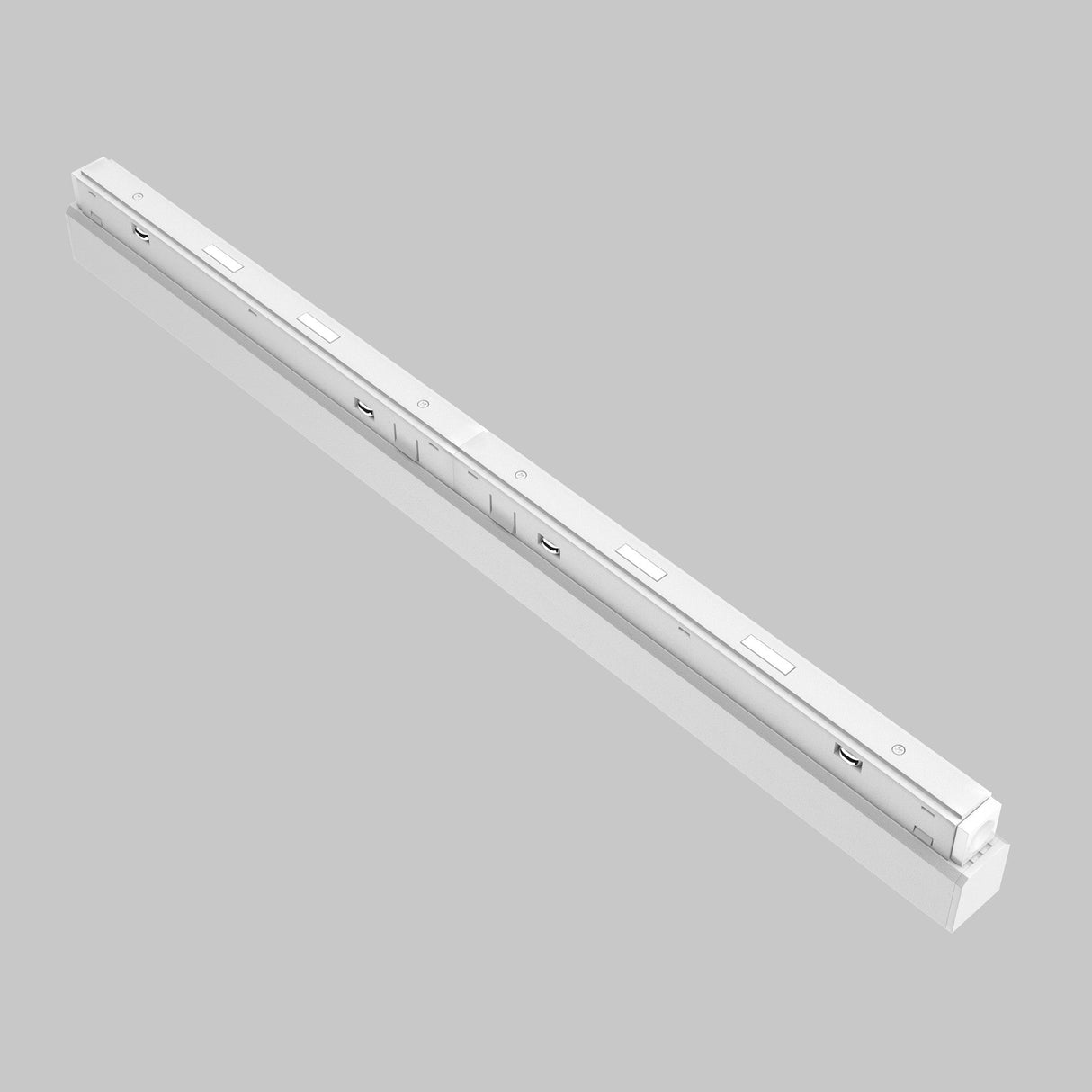 The Points DALI CCT LED Dimmable Linear Track Light for Magnetic Exility, featuring a sleek white design and 24W adjustable color temperature (2700-6000K), is positioned diagonally against a plain gray background to enhance any setting with ease.