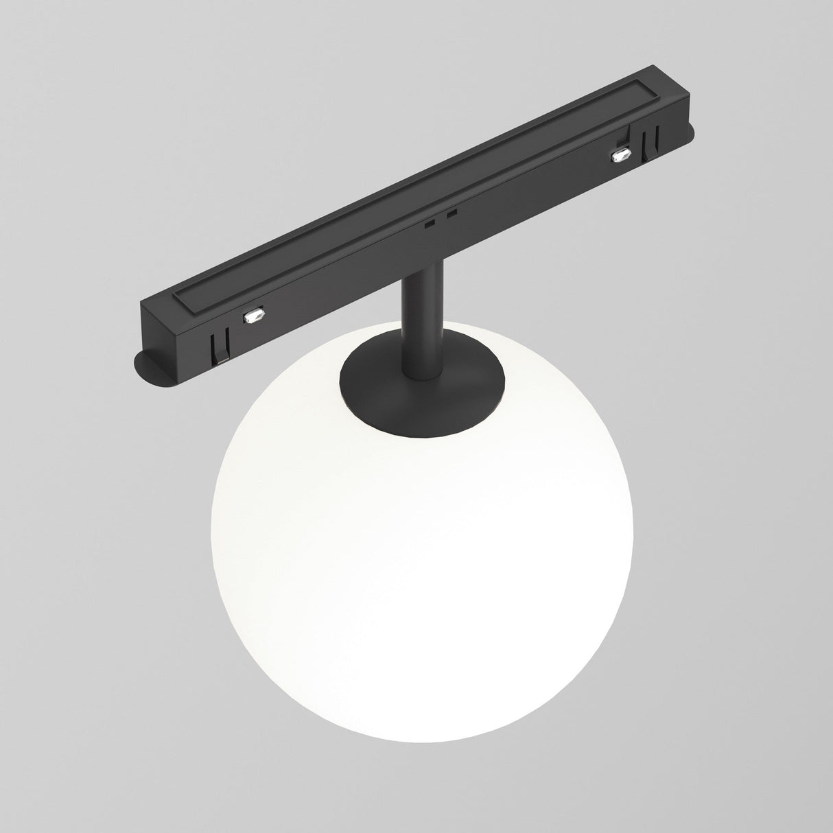 The Luna CCT LED Dimmable Smart Magnetic Exility Track Globe Ceiling Light features a minimalist design with a white globe suspended from a black bar, contrasting beautifully with its dark mount against a grey background.