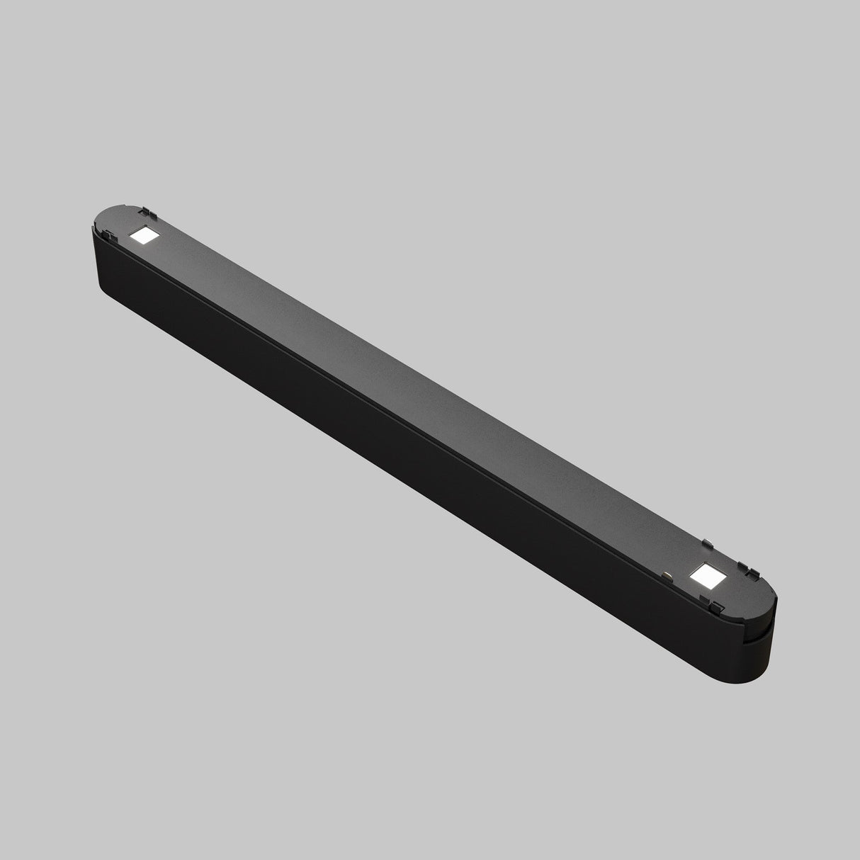 The Points LED Linear Track Light for Magnetic Tracks Radity 16W 3000K - Black is a sleek, slim black bar with rounded ends and small metallic components, designed to integrate seamlessly into magnetic tracks against a gray background.
