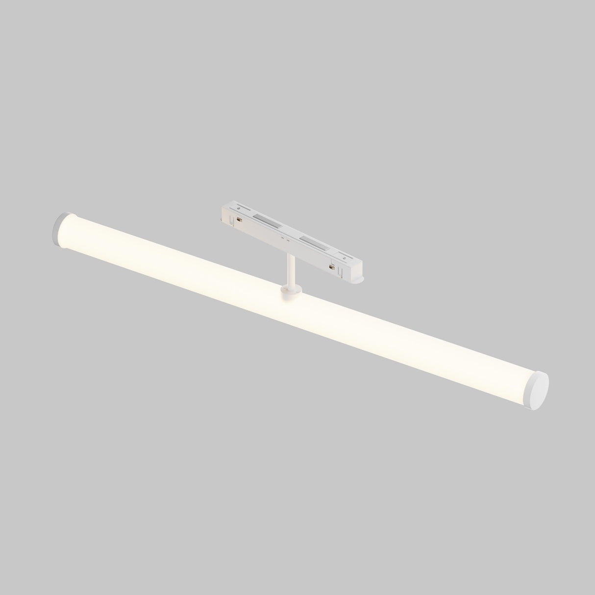 The Larc CCT LED Dimmable Rotating Linear Track Light for Magnetic Exility 25W offers a sleek, modern look with its white finish. Its long cylindrical design and central mounting bracket, paired with Bluetooth Mesh Smart Control, emit a soft white glow in adjustable tones from 2700-6000K.
