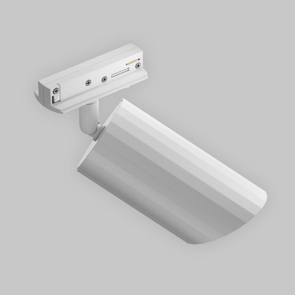 A modern, wall-mounted security camera in sleek white, featuring a pivoting mechanism for adjustable angles like the Lipari Single Phase Unity Track Spotlight - White, set against a light gray background.