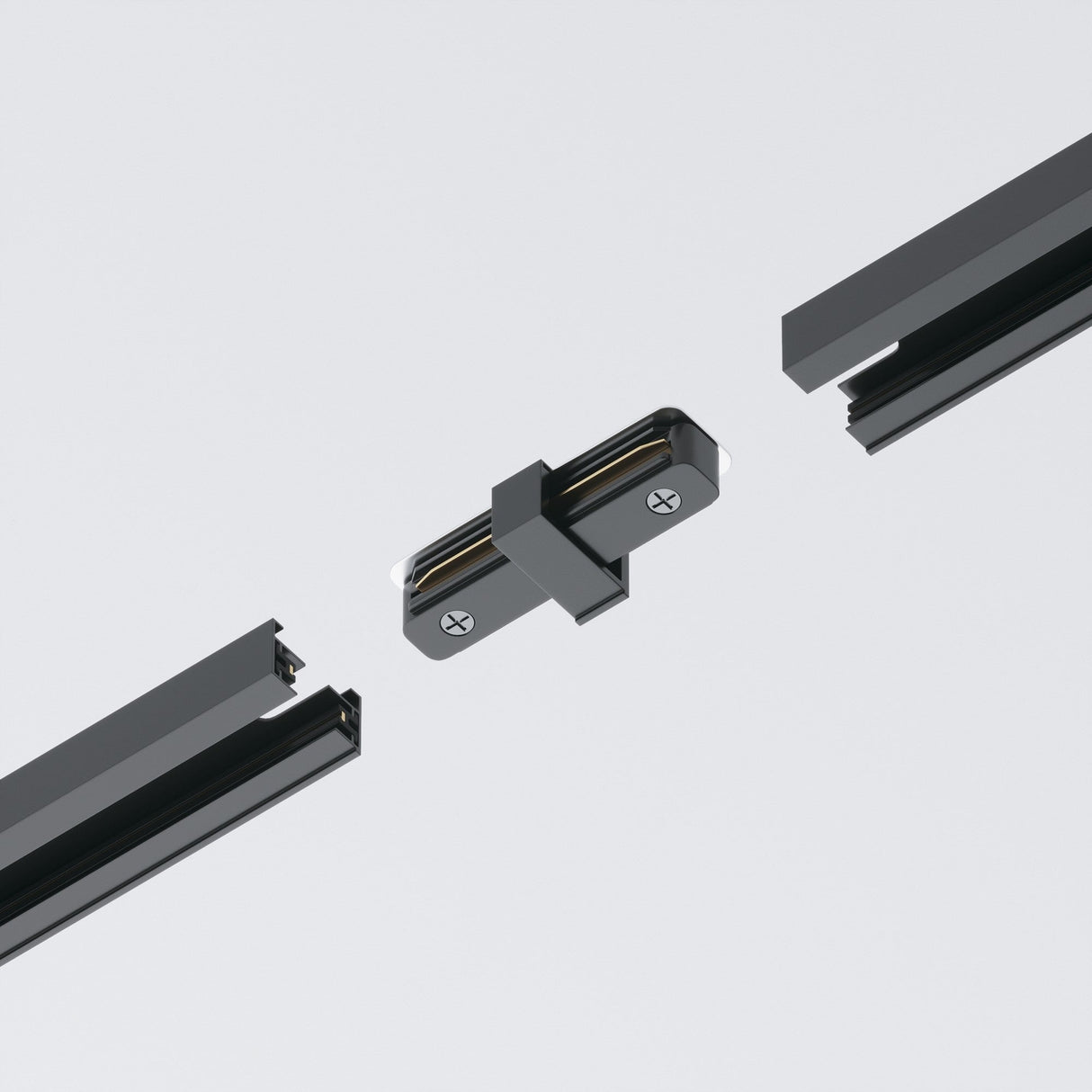 The Unity Single Phase Surface-Mounted Track Straight Connector in black seamlessly links two metal rails against a plain background, with each rail showcasing dark edges and electrical components designed for single-phase track lighting solutions.