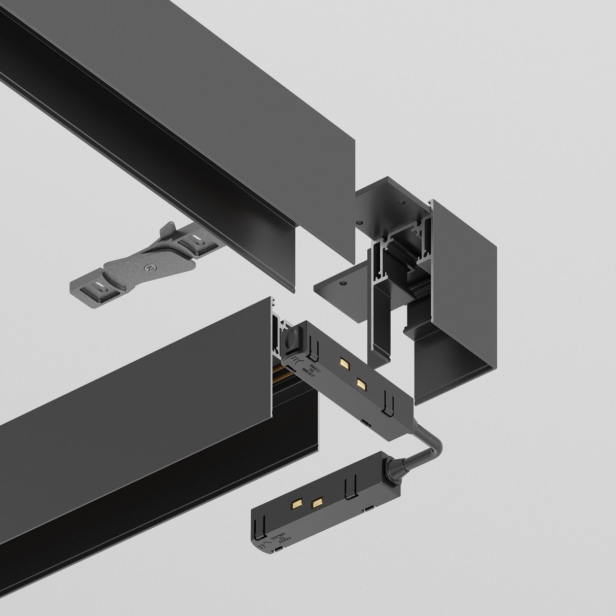 An exploded view shows a black S35 Magnetic Surface-Mounted Track Corner Connector with various parts like connectors and mounts aligned and separated for assembly illustration against a light gray background.