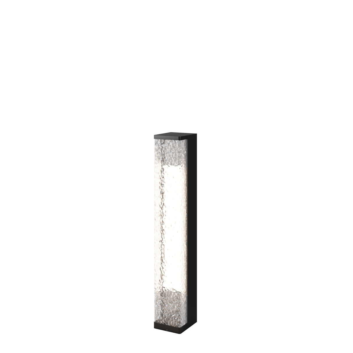 Maytoni Floeva LED bollard light with a tall black metal column and clear textured acrylic panels on opposing faces, shown on a white background.