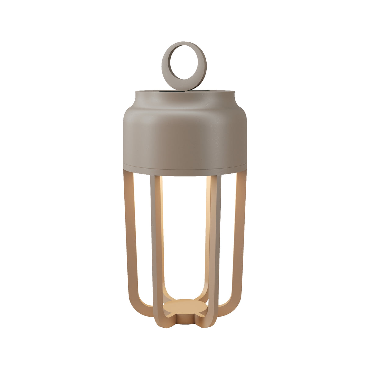 Maytoni Vetra rechargeable LED table lamp in beige powder-coated metal, with a cylindrical top, four curved legs, and a circular carry handle.