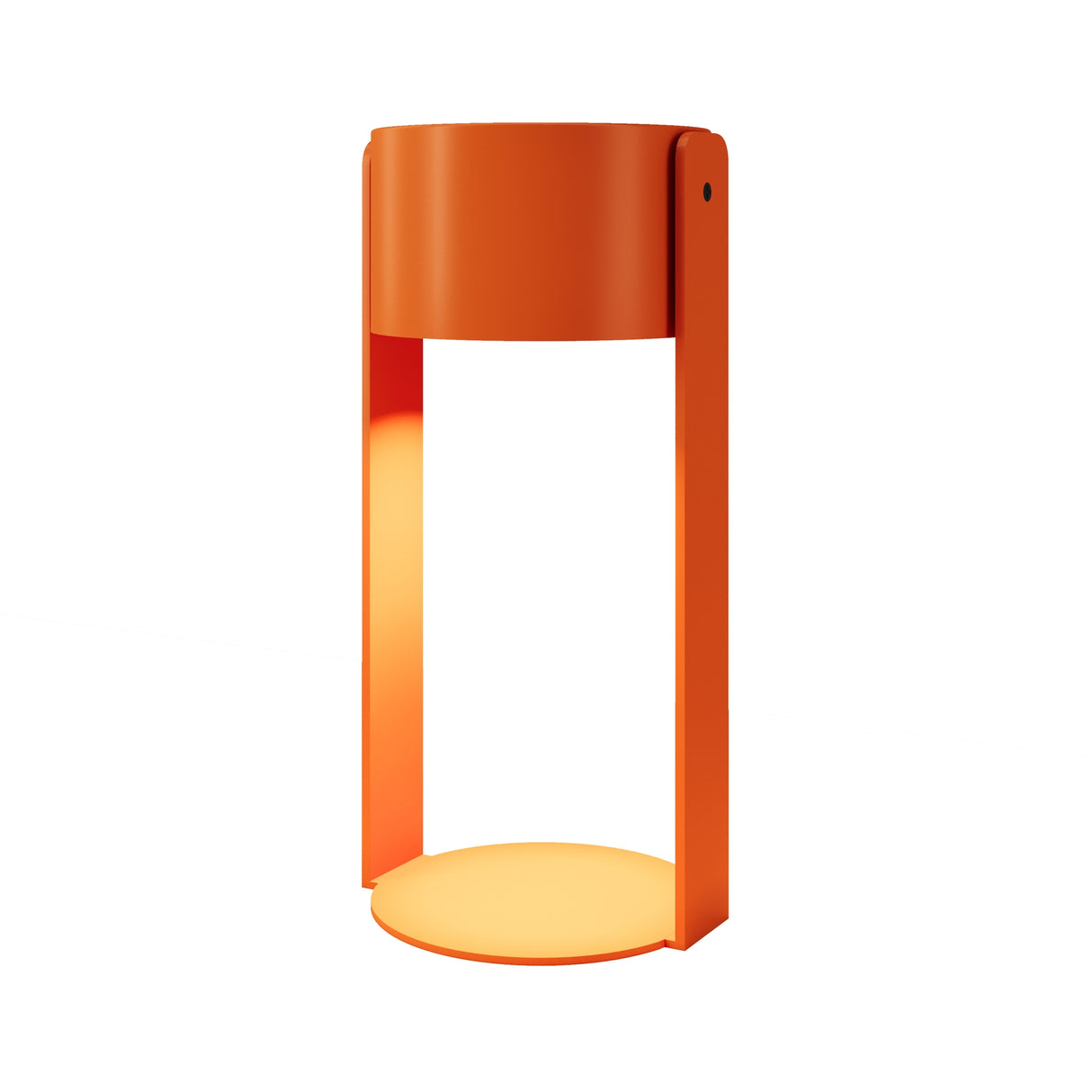 Maytoni Cavo rechargeable LED table lamp in orange powder-coated metal with cylindrical head and circular base, IP54 rated, on a white background.