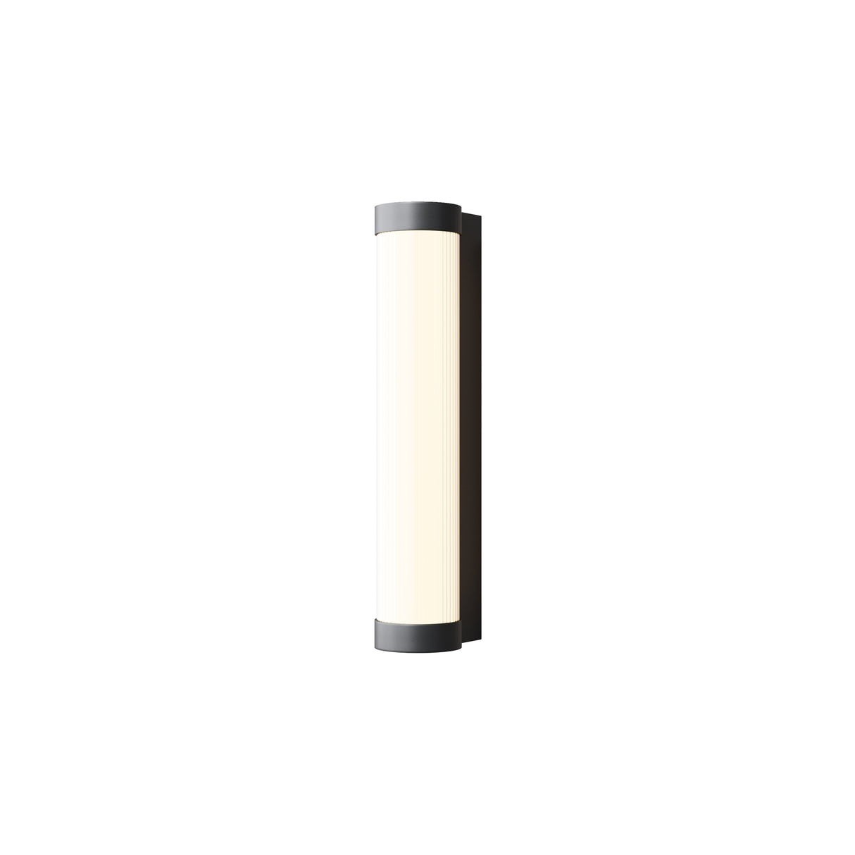 Maytoni Rounge LED outdoor wall light with a vertical frosted cylindrical diffuser and black aluminium end caps, shown on a plain white background.