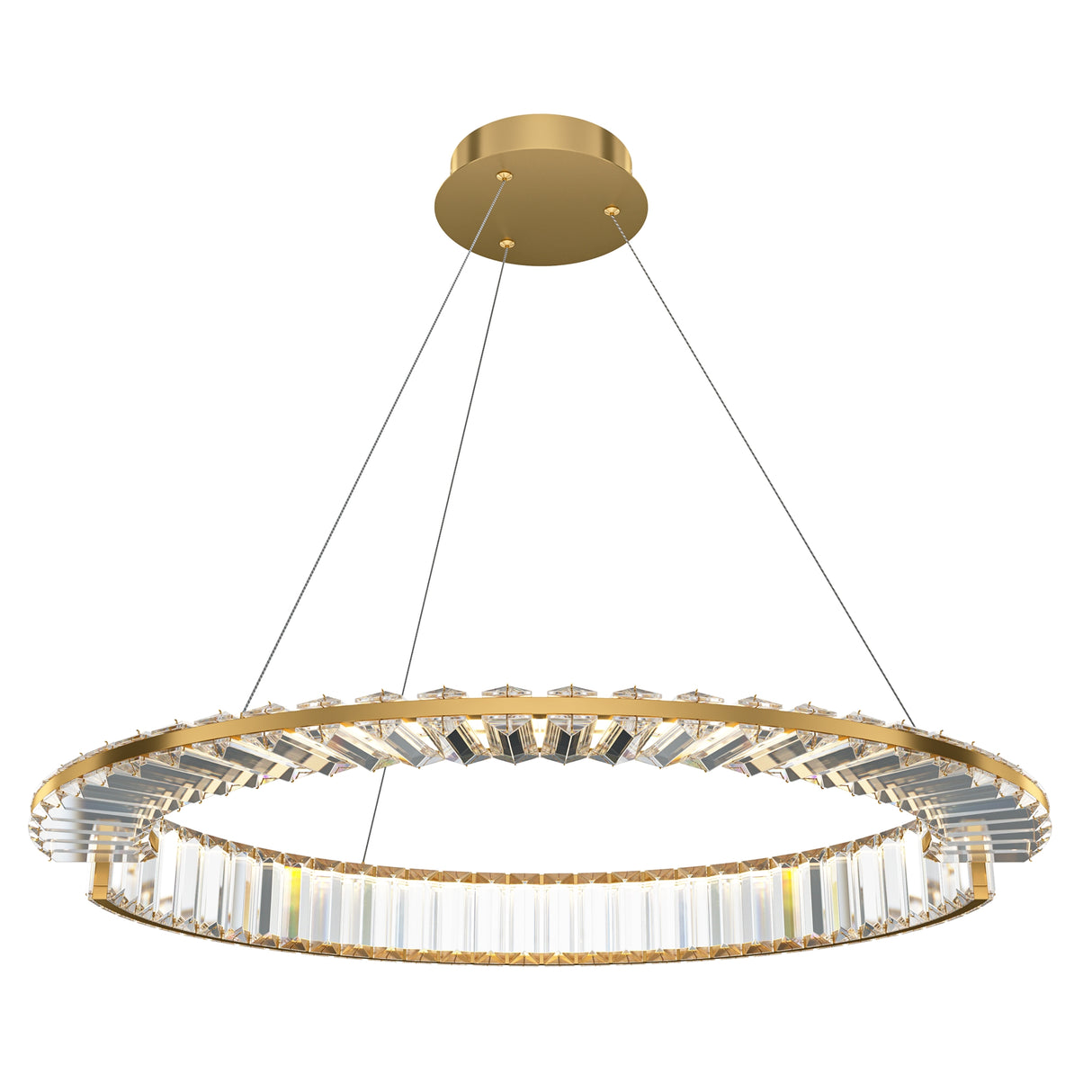 Maytoni Krone Crystal LED pendant light with a single brass ring lined with faceted crystal prisms, suspended by three cables from a brass canopy.