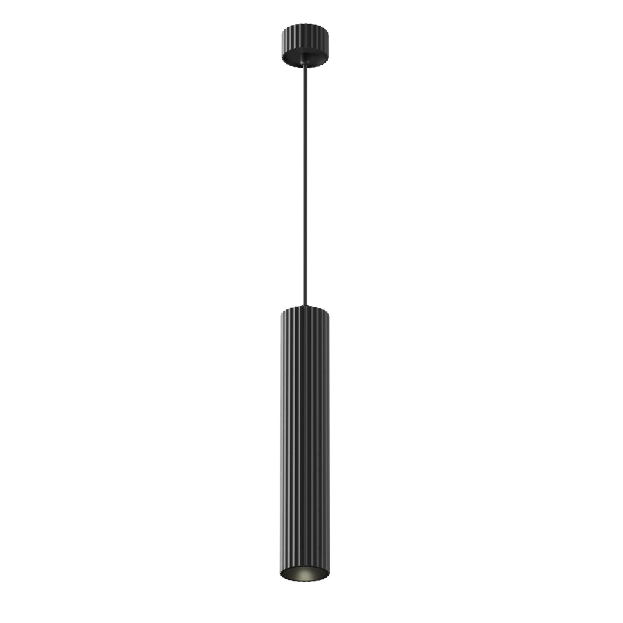 Maytoni Calipso Dome fluted cylinder pendant light in matt black aluminium with ribbed column and ceiling rose, shown on a plain white background.