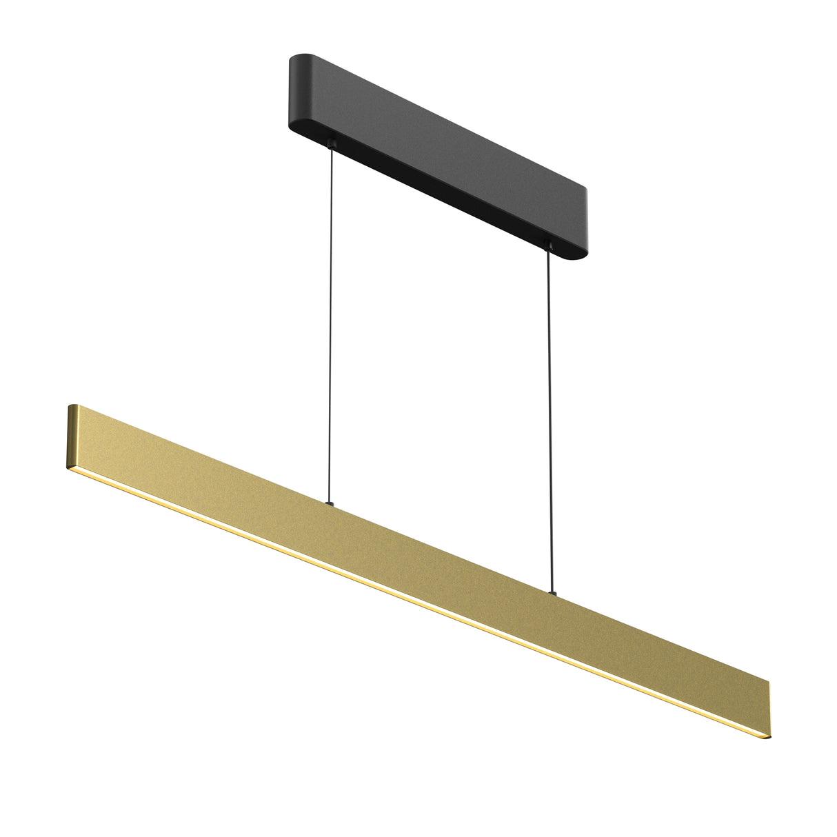 Maytoni Euphoria linear pendant light with a slim 1200mm brass aluminium body suspended by two cables from a matt black rectangular ceiling canopy.