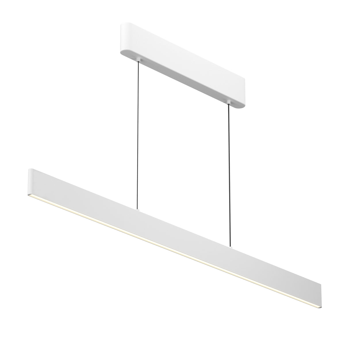Maytoni Euphoria linear LED pendant light in matt white aluminium, suspended from a rectangular ceiling canopy by two black cables on a white background.