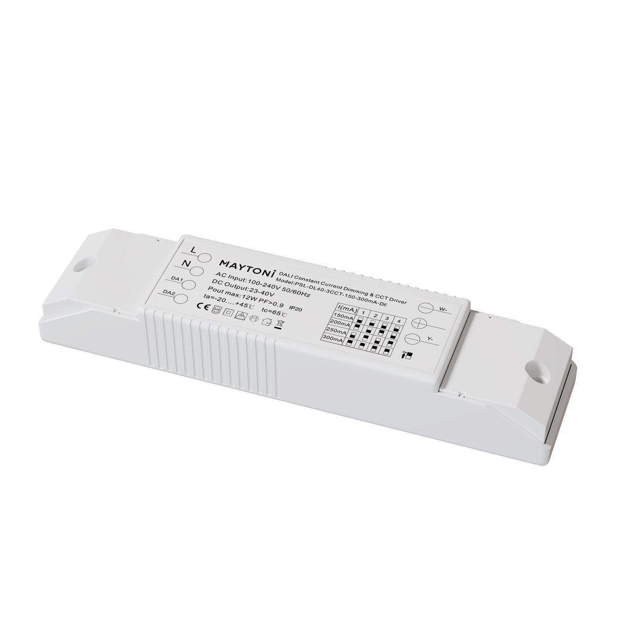 Maytoni DALI Constant Current 12W 300mA LED driver in a white plastic IP20 enclosure with labelled terminals and DIP switches, on a plain background.