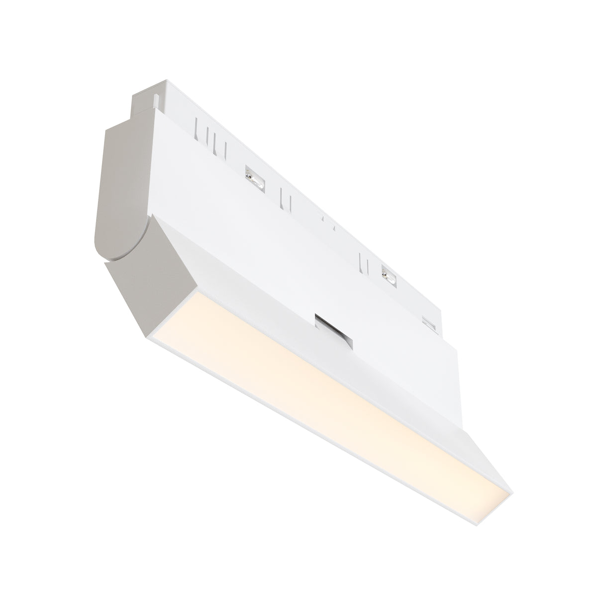 Maytoni Basis Rot 12W LED track light in a white aluminium housing with elongated diffuser and clip-in mount, shown against a plain white background.