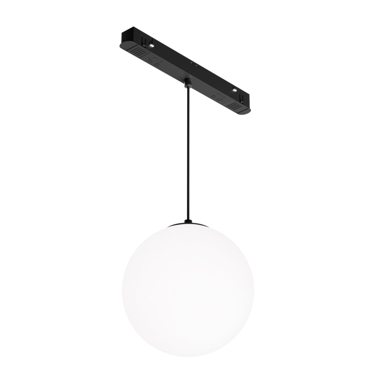The Luna LED CCT Dimmable Smart Magnetic Exility Track Pendant Light features a black rectangular ceiling mount, thin black cord, and spherical white lampshade. Its minimalist design is perfect for contemporary interiors with adjustable ambiance from 3000K to 6000K.