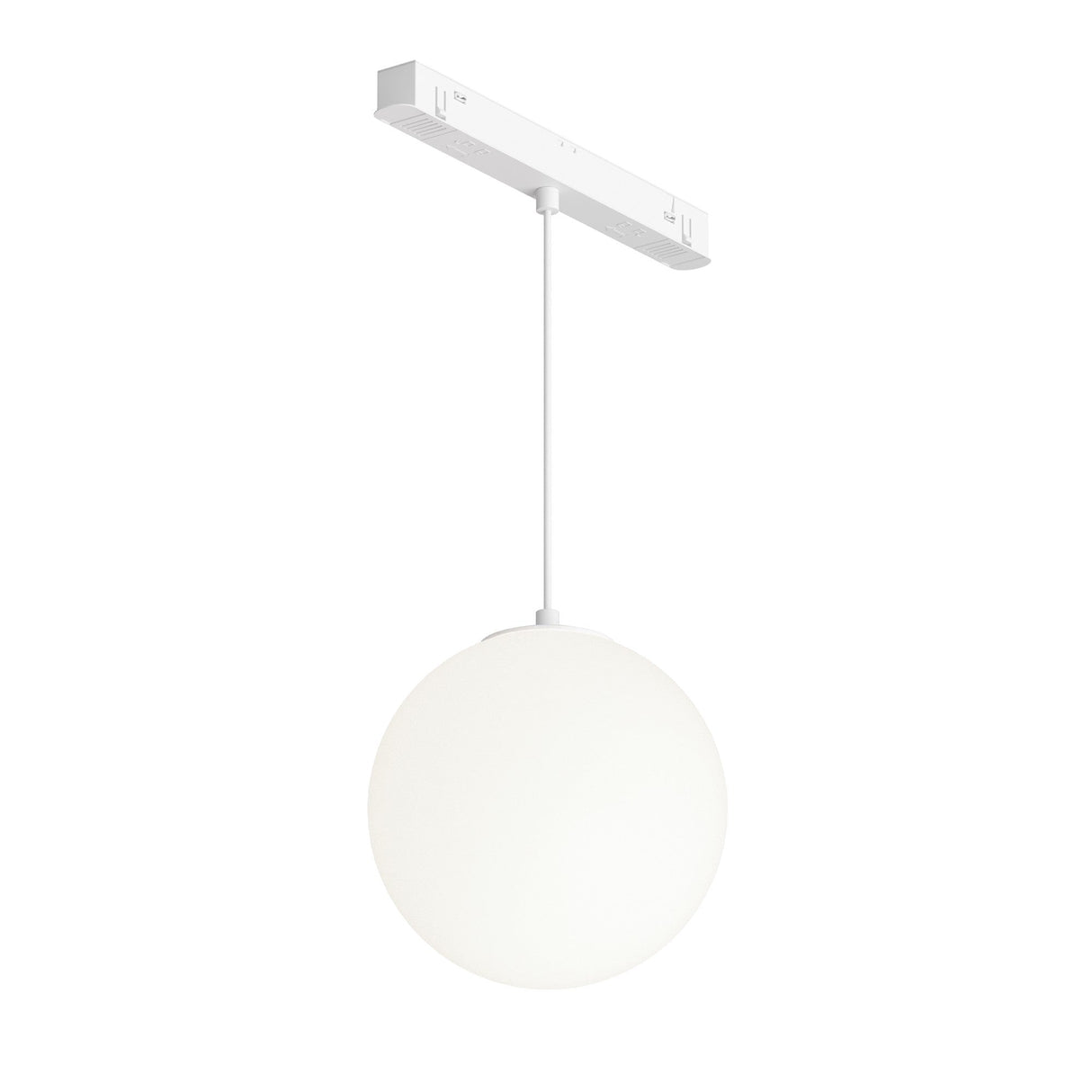 The Luna LED CCT Dimmable Smart Magnetic Exility Track Pendant Light features a minimalist design with a white frosted glass shade, hanging from a white ceiling mount. Its modern simplicity offers smart dimmable lighting (5W, 3000-6000K) for an elegant and clean look.