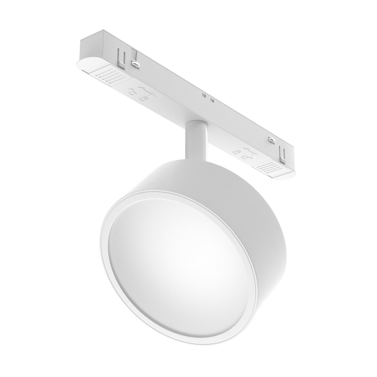 Maytoni Rado 18W LED track light with a cylindrical white aluminium head on a 48V track mount, shown against a plain white background.
