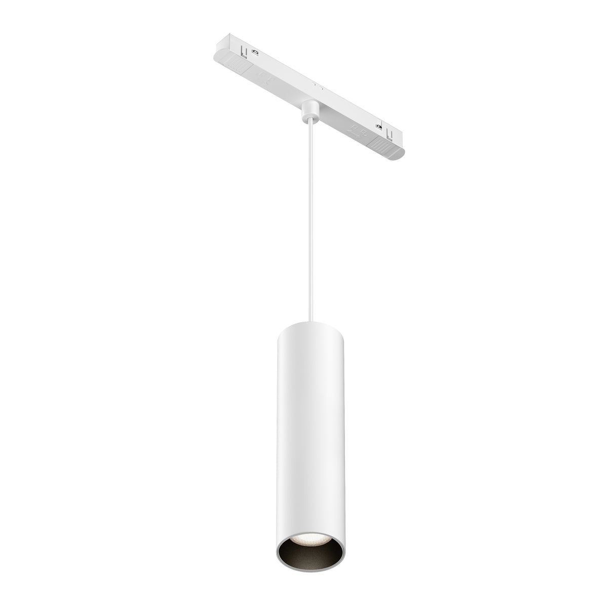 Maytoni Focus 12W LED track pendant with white cylindrical aluminium body suspended from a white track adaptor on a plain background.
