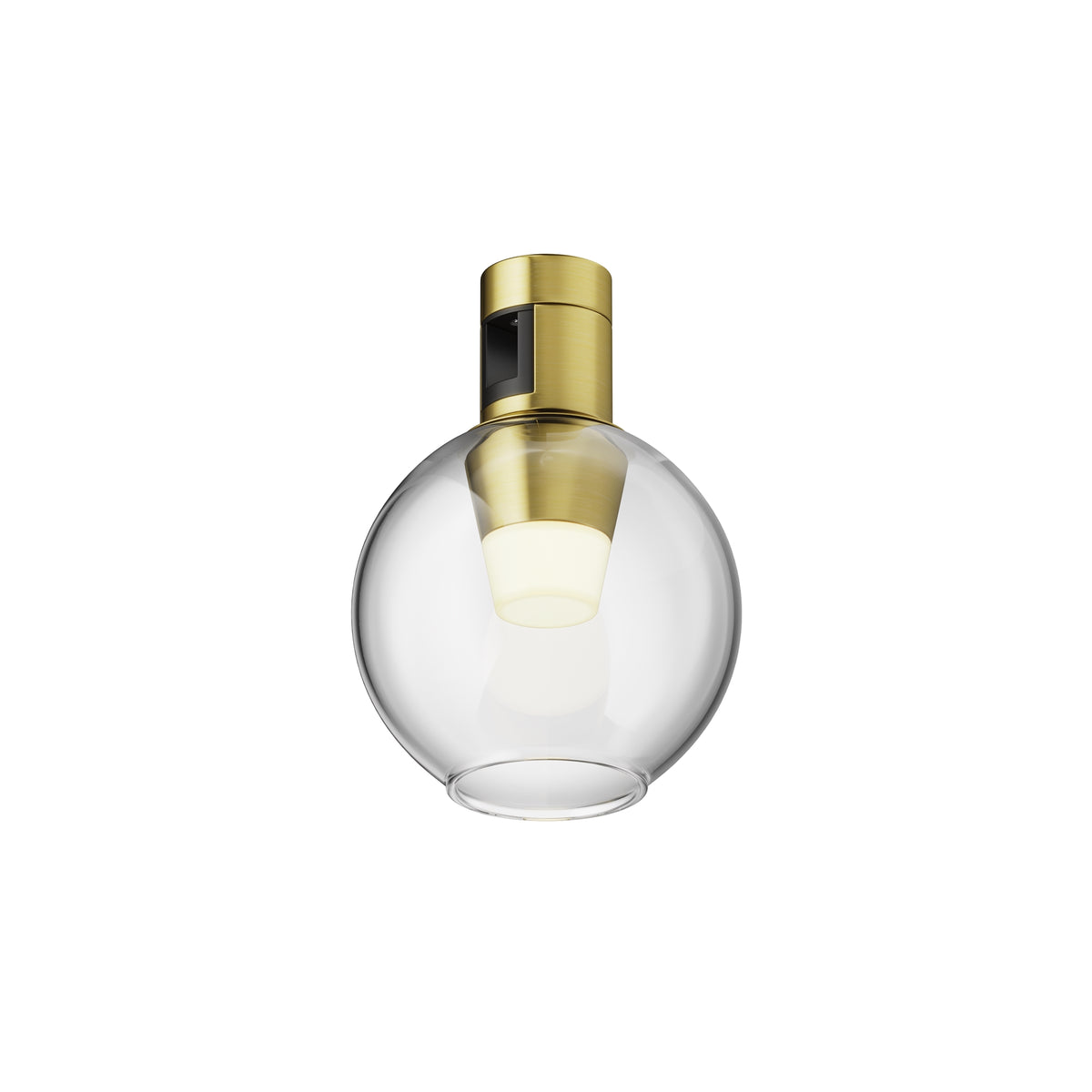 Maytoni Bubble LED track light in brass with a clear spherical glass shade and frosted diffuser, shown on a plain white background.