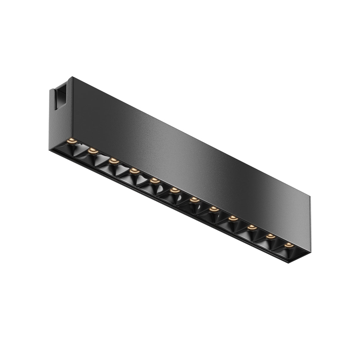Maytoni Points LED track light in black aluminium with a linear row of recessed lens optics and magnetic track connector, shown on a white background.