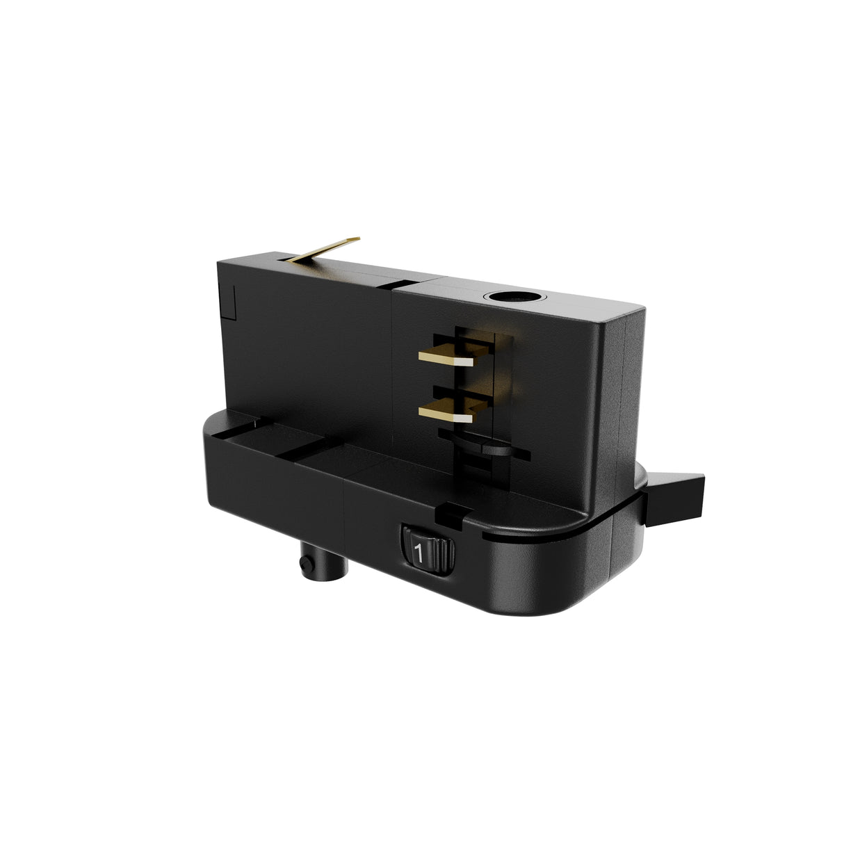 Maytoni track lighting live end adaptor in black plastic with exposed brass contacts and numbered switch, shown on a plain white background.