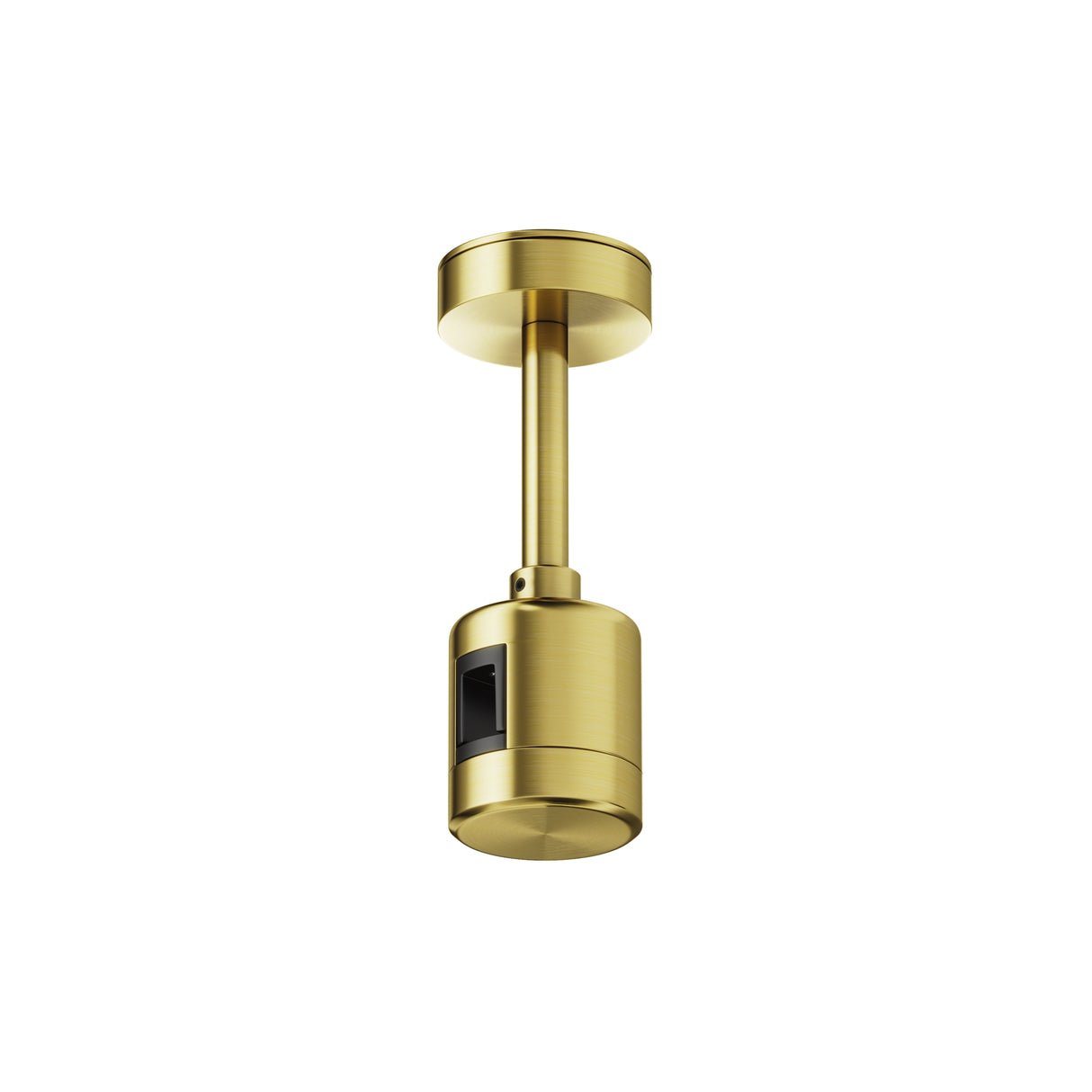 Maytoni Flarity brushed brass track lighting live end cap, small cylindrical metal fitting with ceiling mount stem, shown on a plain white background.