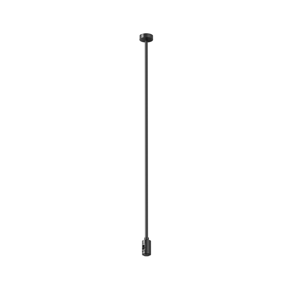 Maytoni Flarity track system ceiling rose in matt black, featuring a low-profile round mount and slim vertical drop rod with connector, on a white background.