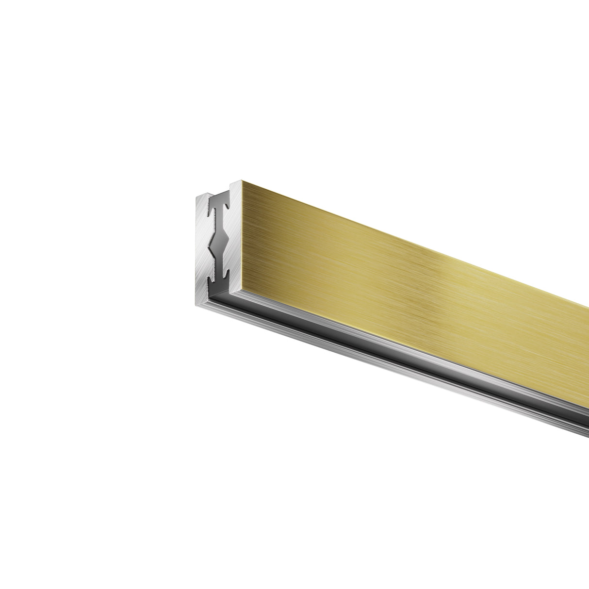 Maytoni Flarity 1m surface-mounted pendant track in brushed brass-finish aluminium, shown at an angle with visible mounting channel on a white background.