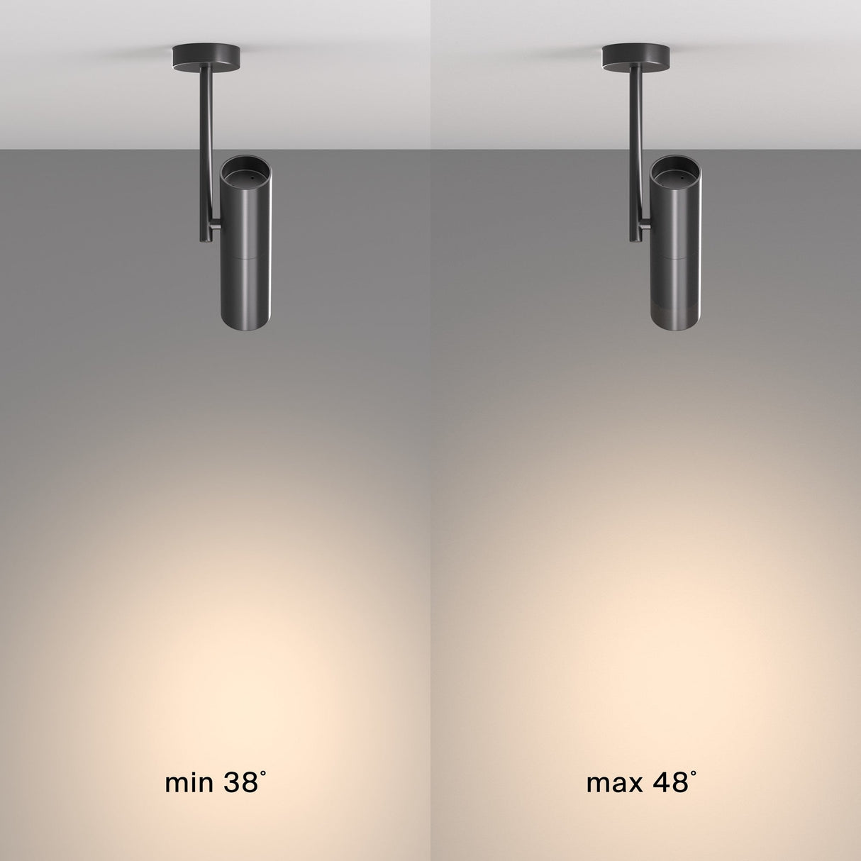 Split image of two black cylindrical ceiling lights: The left side shows the Elti Single Spotlight with min 38° for narrow adjustable lighting; the right side features max 48°, highlighting a wider light spread.