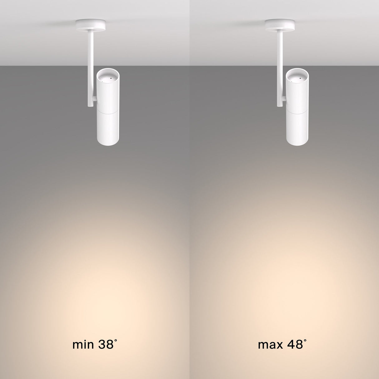 Two side-by-side images display the Elti Single Spotlight in white. The left image shows a 38-degree customizable beam angle for focused lighting, while the right reveals a wider 48-degree beam for more diffused, adaptable illumination.