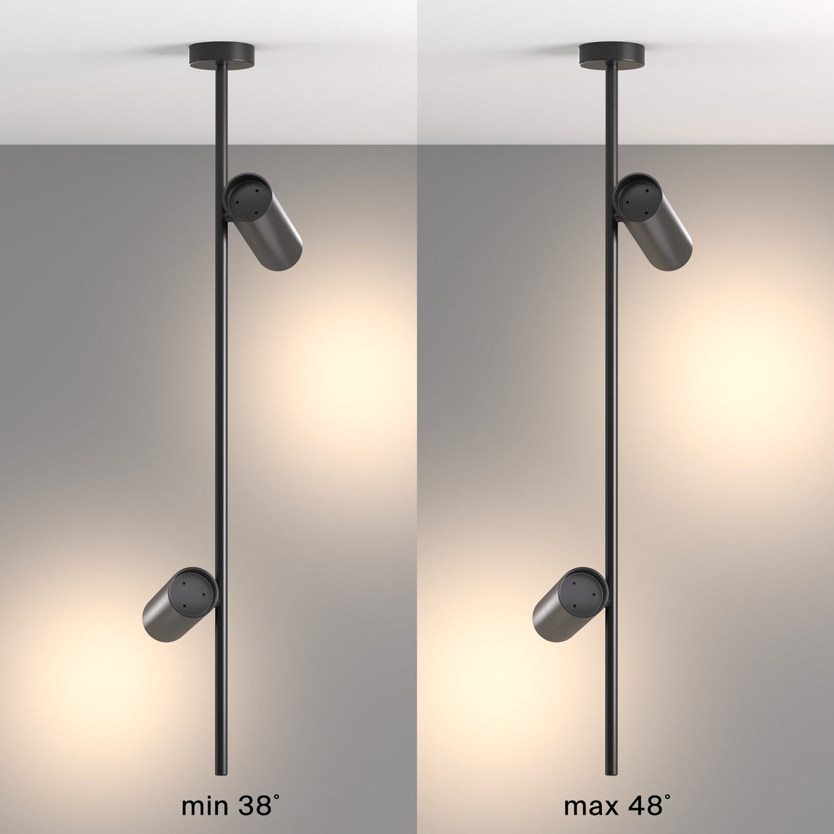 The Elti Twin Spotlight - Black provides modern lighting with two adjustable cylindrical ceiling lights on a rod. Its orientation ranges from 38° to 48°, seamlessly blending style and functionality.