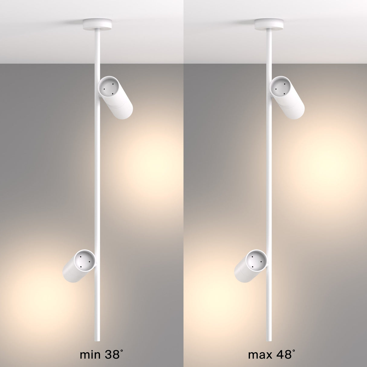 The Elti Twin Spotlight - White, a marvel of adjustable lighting for modern interiors, features sleek cylindrical spots. The left side adjusts to a minimum angle of 38 degrees while the right extends to 48 degrees, providing versatile illumination solutions.