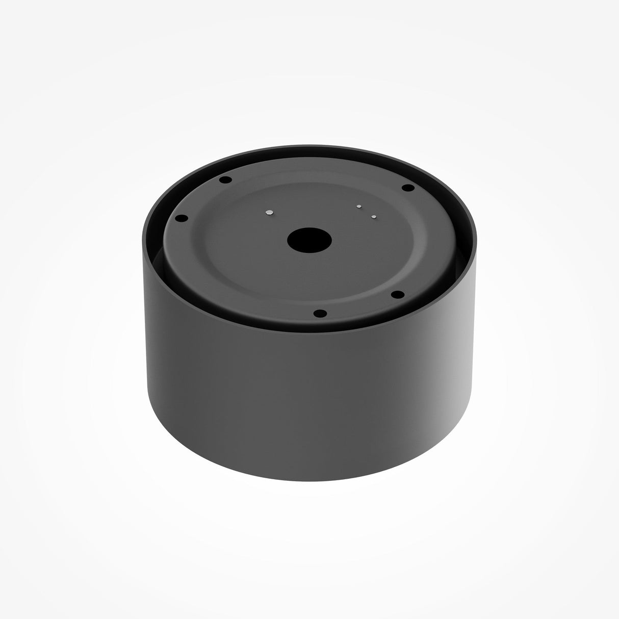 A sleek black cylindrical Vega 12W LED round surface downlight features a flat top with multiple small holes and a central larger hole, accented by matte gold. It ensures high CRI, perfect for lighting needs against a plain white background.