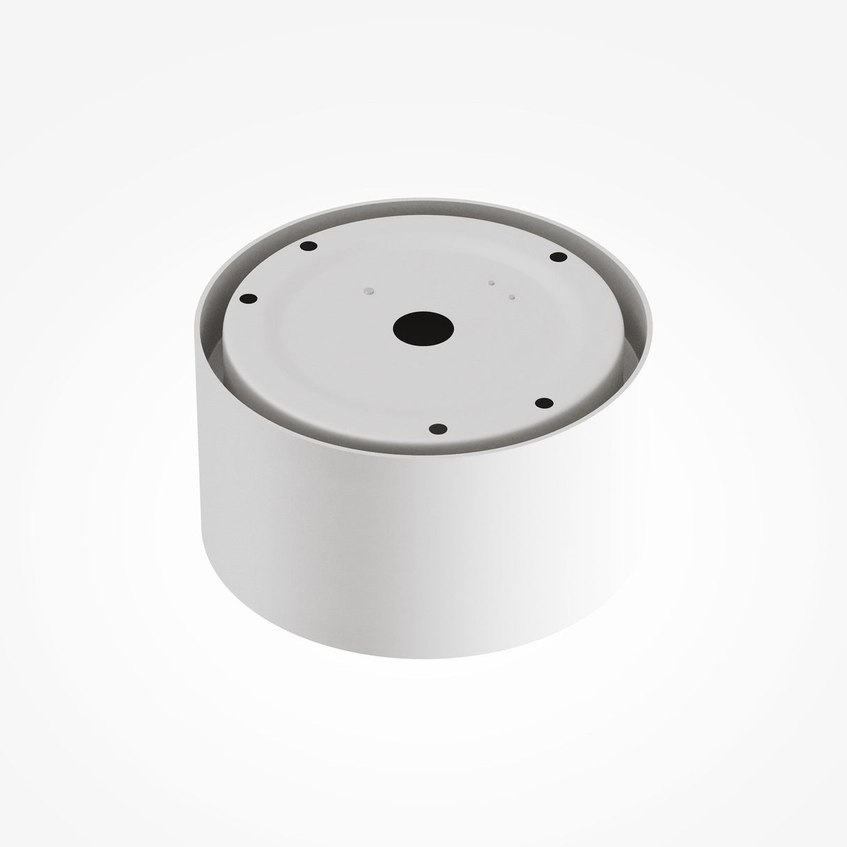 The Vega LED Round Surface Downlight 12W 3000K in White is a cylindrical fixture with a central hole and several perimeter holes for mounting, providing high-quality illumination with a CRI of 90.