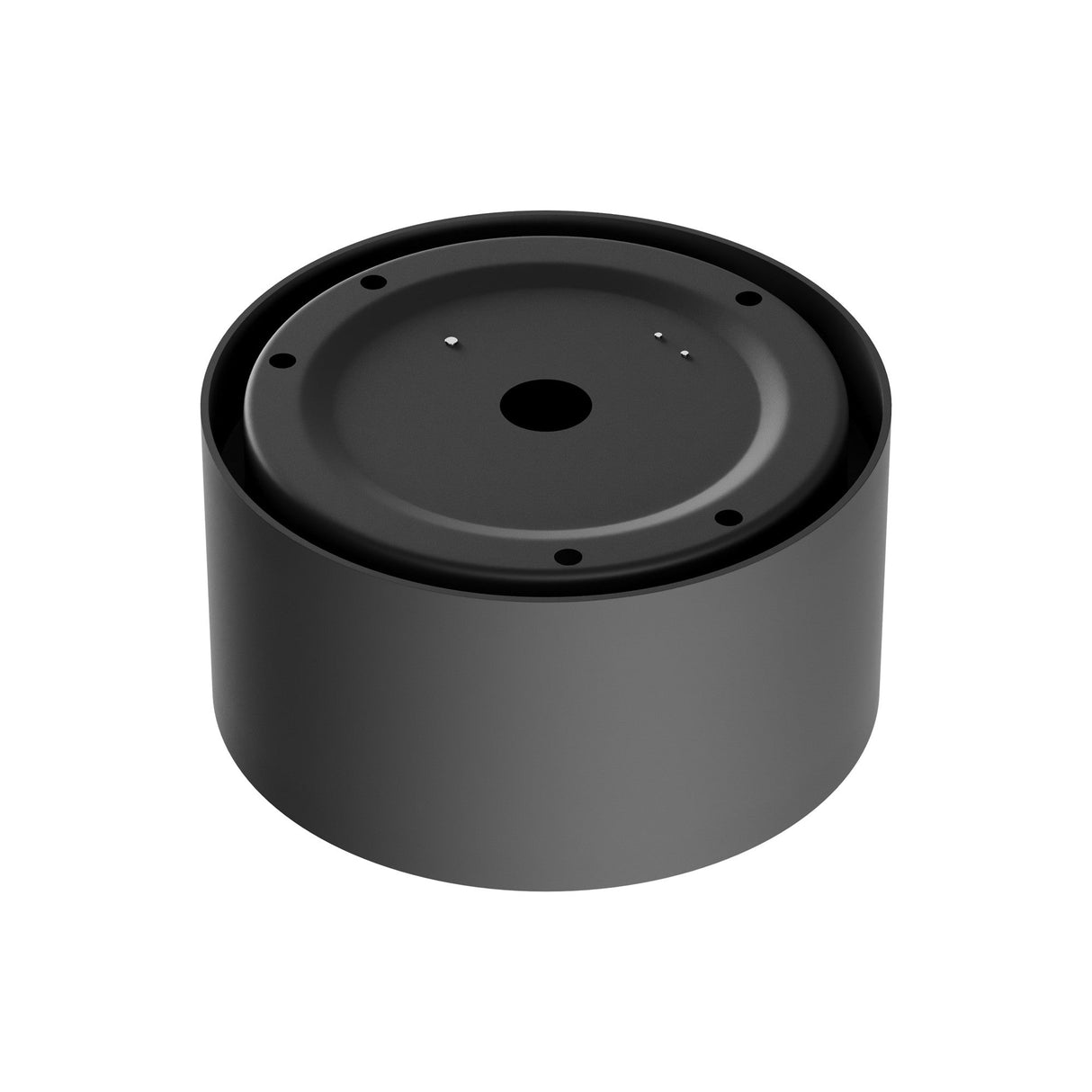 The Vega LED Round Surface Downlight 15W 3000K - Black is a sleek cylindrical black metal object with a flat top, screw holes, and central opening, ideal for mechanical or electronic setups.