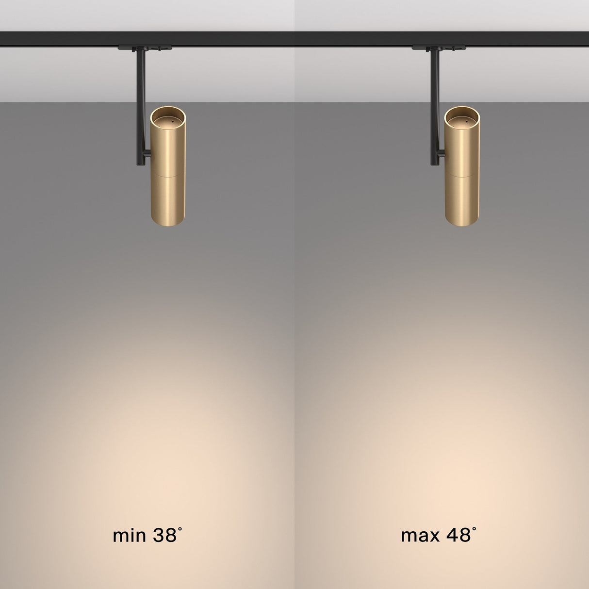 The Elti Single Phase Unity Track Spotlight in Black & Gold showcases customizable lighting on a grey wall: the left offers a beam angle of 38 degrees for accent lighting, while the right expands to 48 degrees for broader illumination.