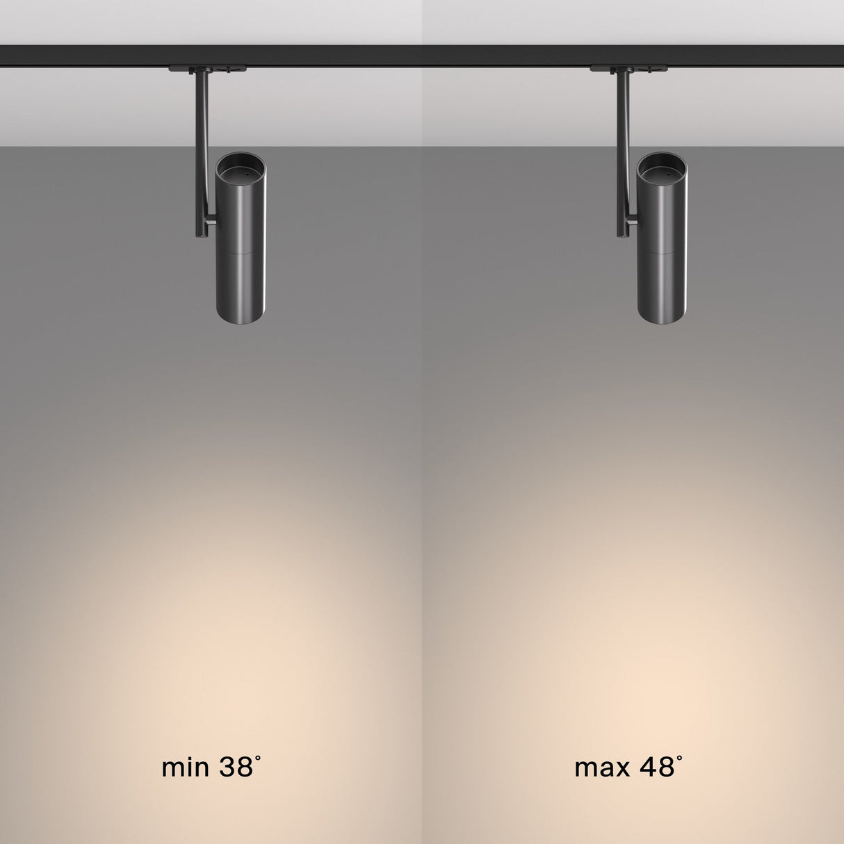 A comparison of black track lights in a single-phase system features the Elti Single Phase Unity Track Spotlight on the left with a minimum beam angle of 38°, and another on the right with a maximum angle of 48°, both casting circles of illumination on a gray background.