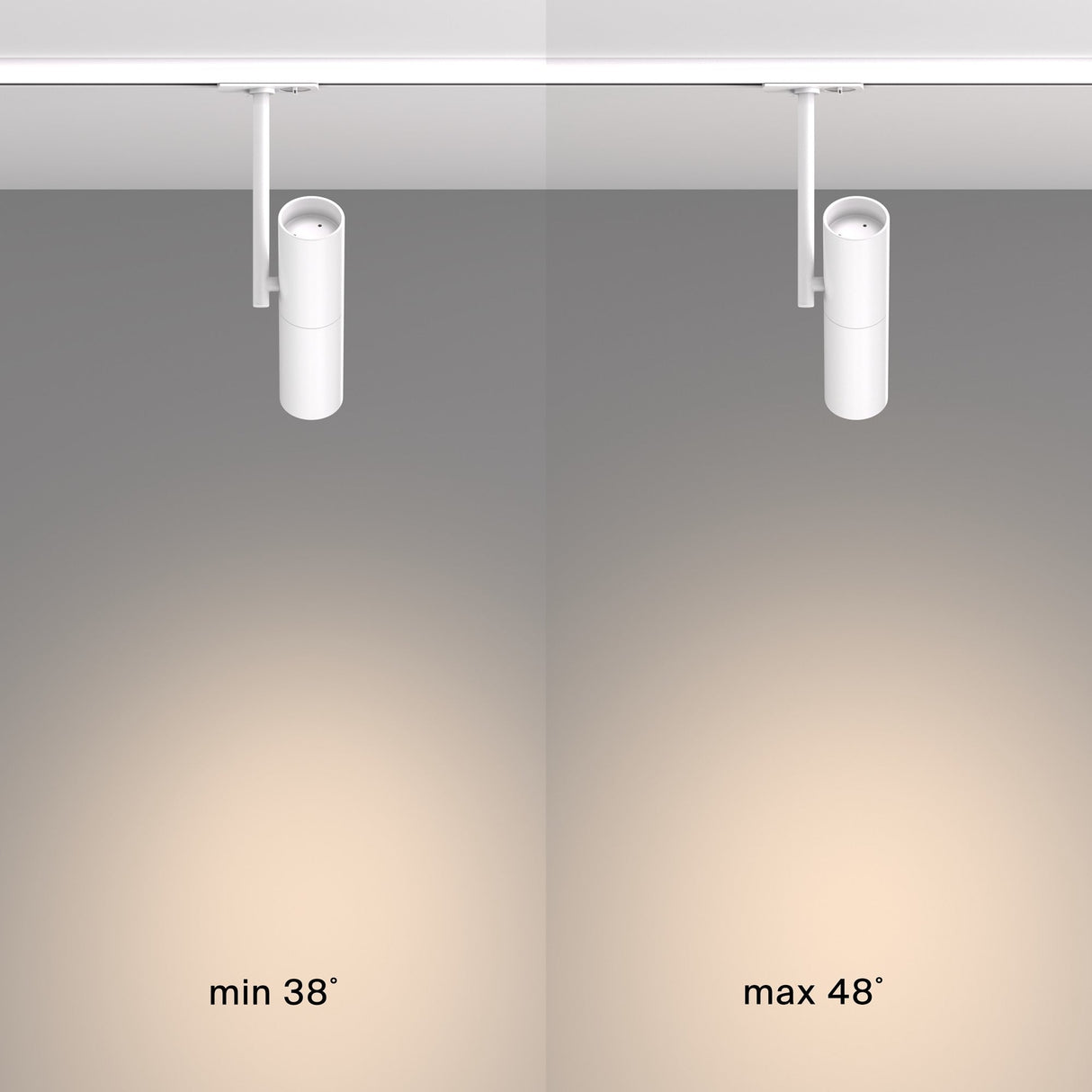 Split image of two Elti Single Phase Unity Track Spotlights in white; left labeled min 38° with a narrow beam, right labeled max 48° with a wider beam, both casting gradient effects on a grey wall to highlight minimalist design and adjustable lighting solutions.