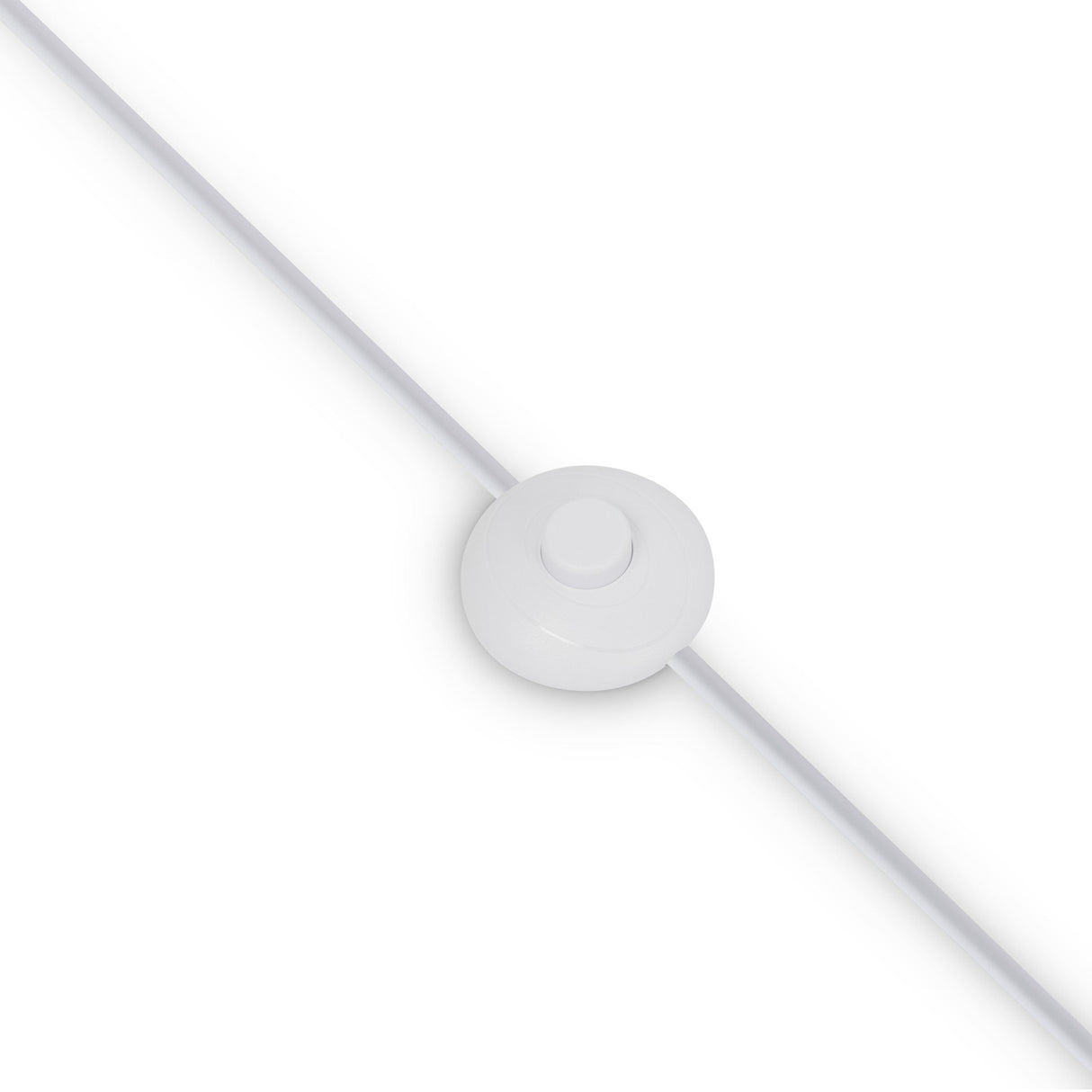 The overhead view reveals a slender white cord with a central round component, reminiscent of the Calvin Floor Lamp - White With Natural Wood Tripod. The setup is displayed diagonally on a plain white background, exuding elegance.