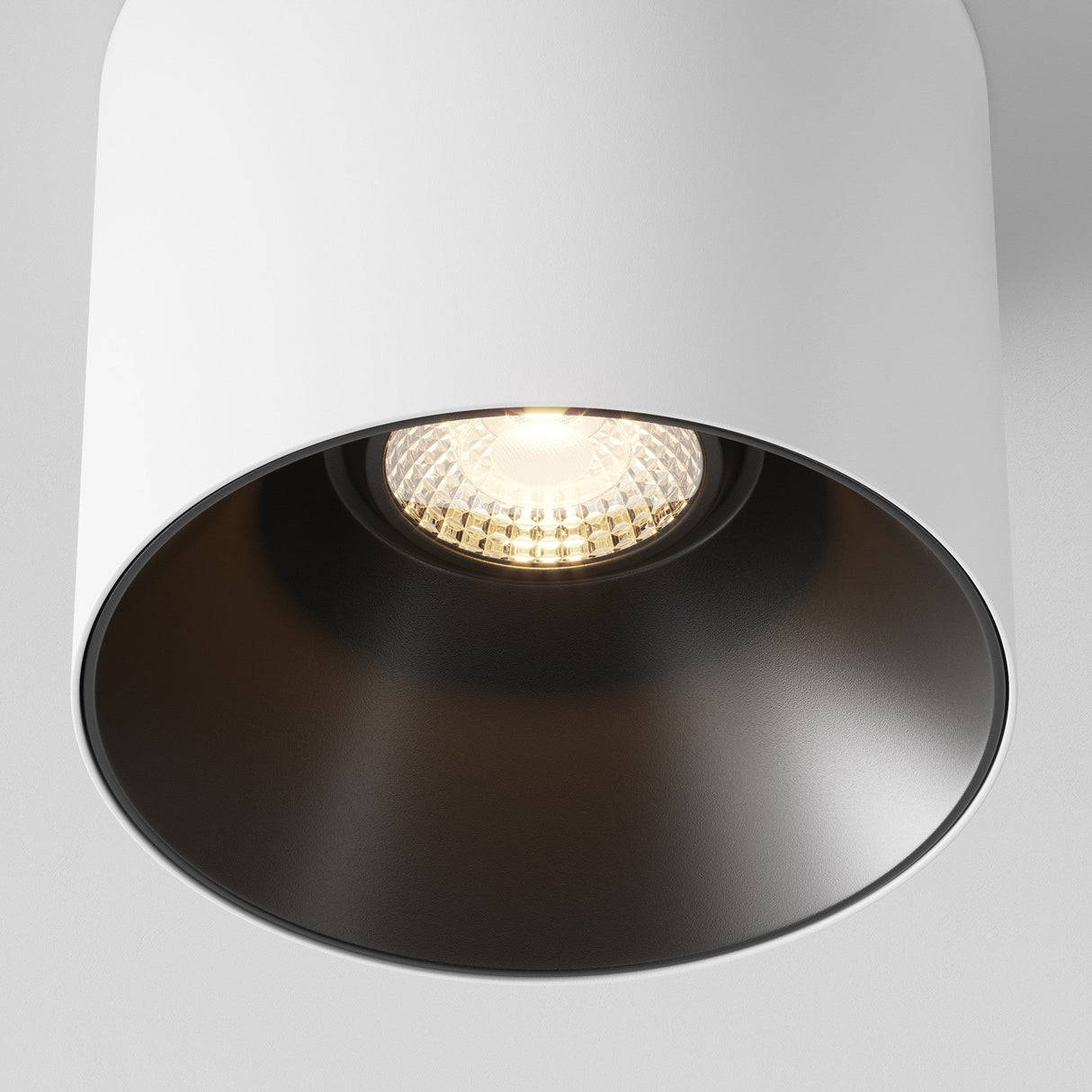 Close-up of Alfa LED Dimmable Fixed Round Surface Downlight in white and black, showcasing its clean lines and high-quality finish