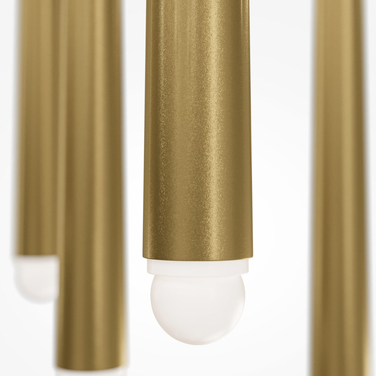 Close-up of several cylindrical lights from the Cascade CCT Dimmable LED Cluster Pendant Light 31W 2600-3500 K in brass, suspended vertically with frosted bulbs on a white background. The image highlights the modern design and adjustable lighting tones of these sleek fixtures.