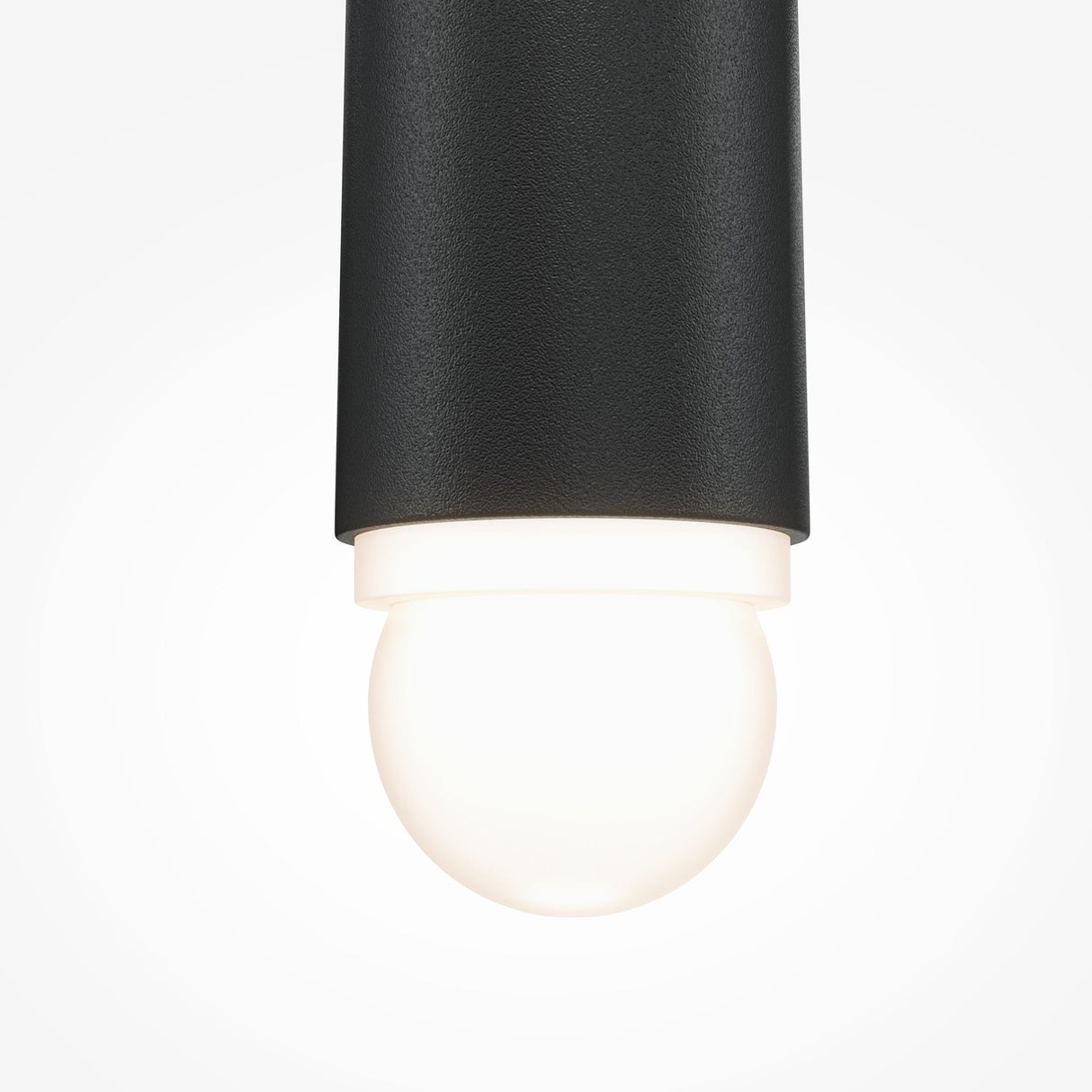 Close-up of the Cascade Dimmable LED Single Pendant Light - Black, featuring a cylindrical black exterior with an exposed glowing white bulb. Its modern design and advanced dimmable LED technology are highlighted against a plain white background.