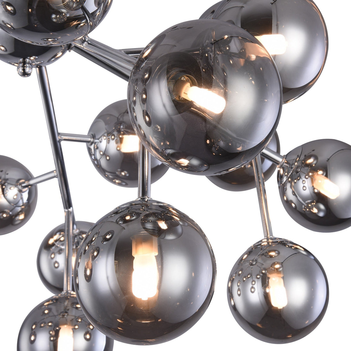 Experience the intricate reflection and industrial design of the Dallas 20 Light Semi-Flush fixture. Featuring multiple spherical bulbs in chrome with smoky glass, this piece creatively reflects light and its surroundings for an enthralling visual play.