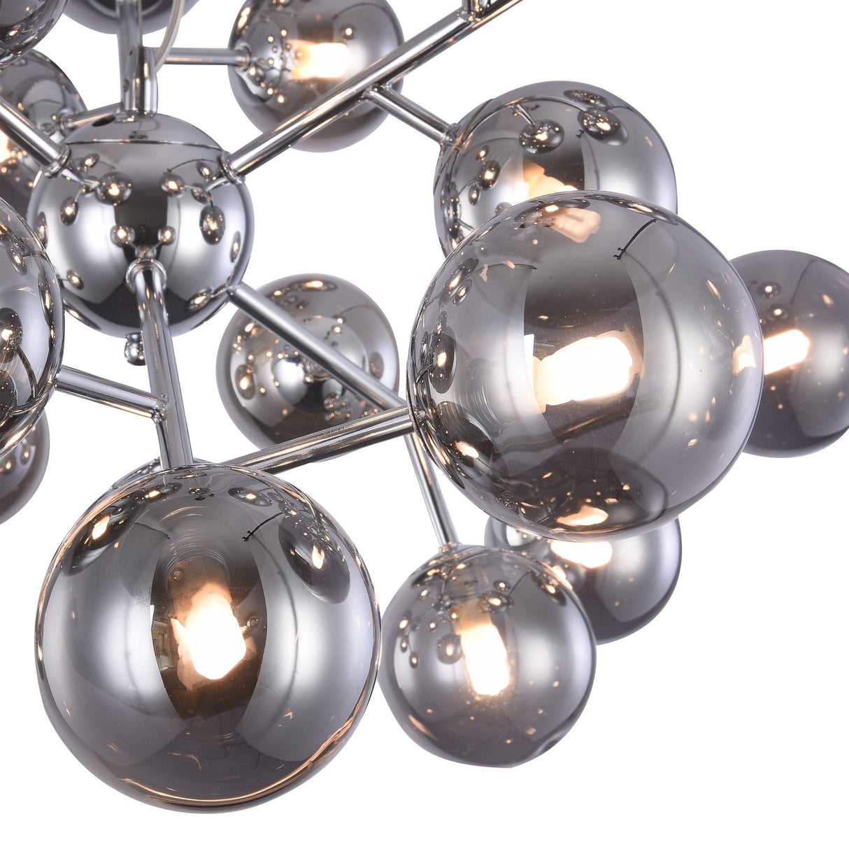 Close-up of the Dallas 24 Light Chandelier - Chrome With Smoky Glass, showcasing a cluster of reflective spherical bulbs on chrome rods that emit a warm glow through smoky glass, beautifully reflecting their surroundings.