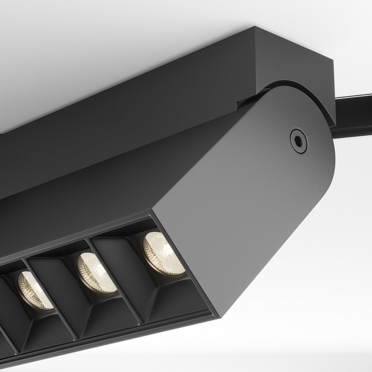 Detail of Points Rot Linear track light in Black for magnetic track system, showcasing fine design elements for lighting angles.
