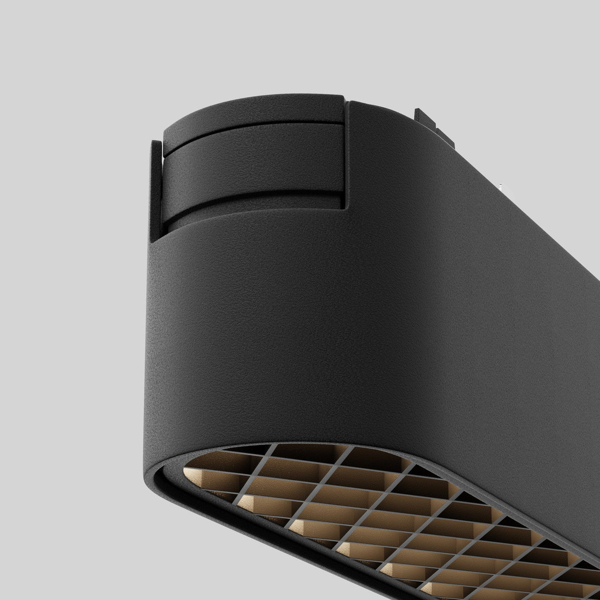 Close-up of the Basis Grid LED Linear Track Light for Magnetic Tracks Radity 6W 4000K - Black, set against a gray background. This modern fixture showcases a grid pattern on its underside, likely emitting cool white light.