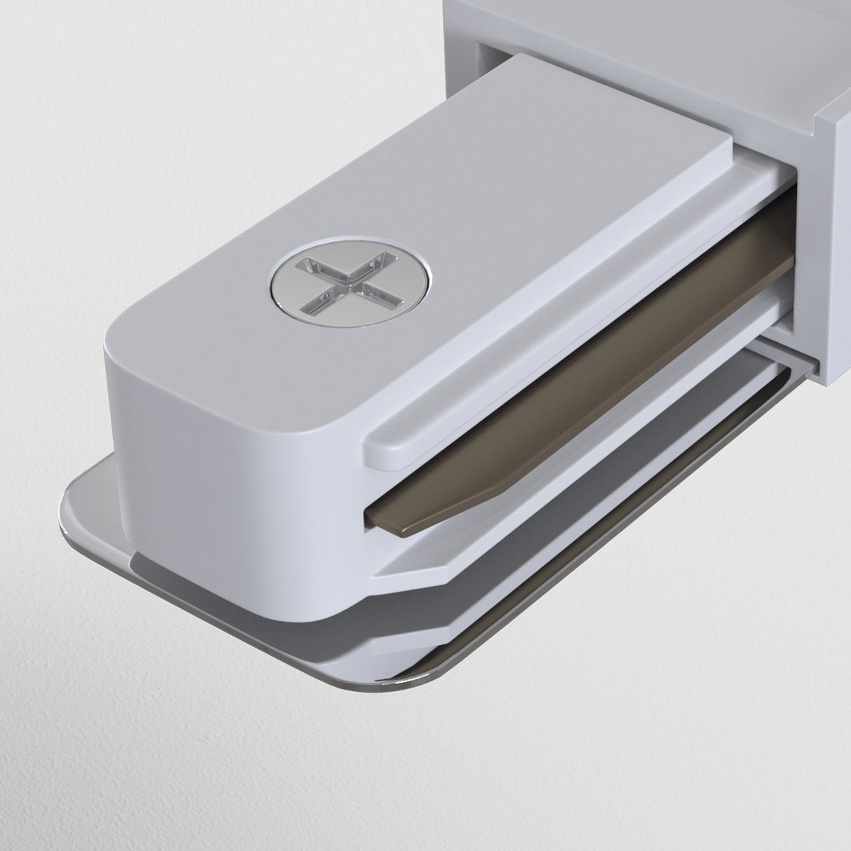 The Unity Single Phase Surface-Mounted Track Straight Connector in white, with a sleek design and cross symbol on top, is displayed poised above a reflective surface. The plain white background accentuates its modern and elegant form.