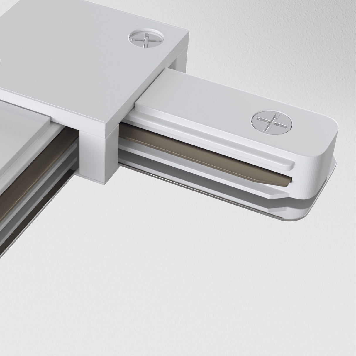Close-up of a sleek, modern sliding door mechanism against a white background. The minimalist design with metal components resembles the sophistication of the Unity Single Phase Surface-Mounted Track T-Connector - White, featuring two visible screw heads at the top.