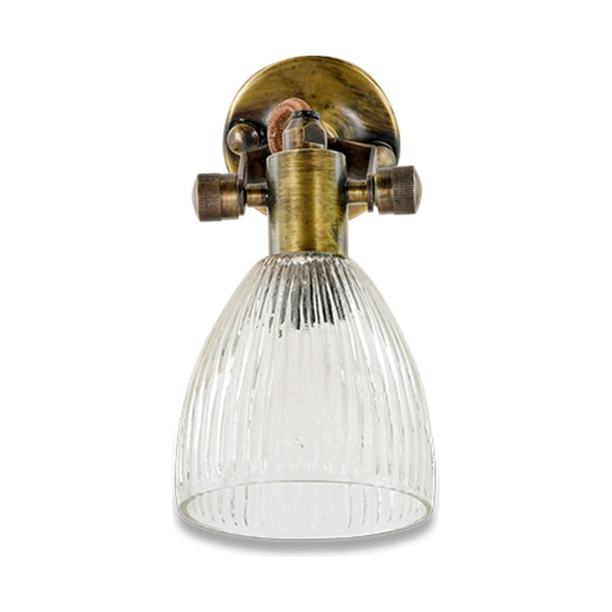 Rarni Recycled Glass Wall Light in antique brass with a ribbed clear glass tulip shade, knurled thumbscrews and rust fabric flex, shown on a plain white background.